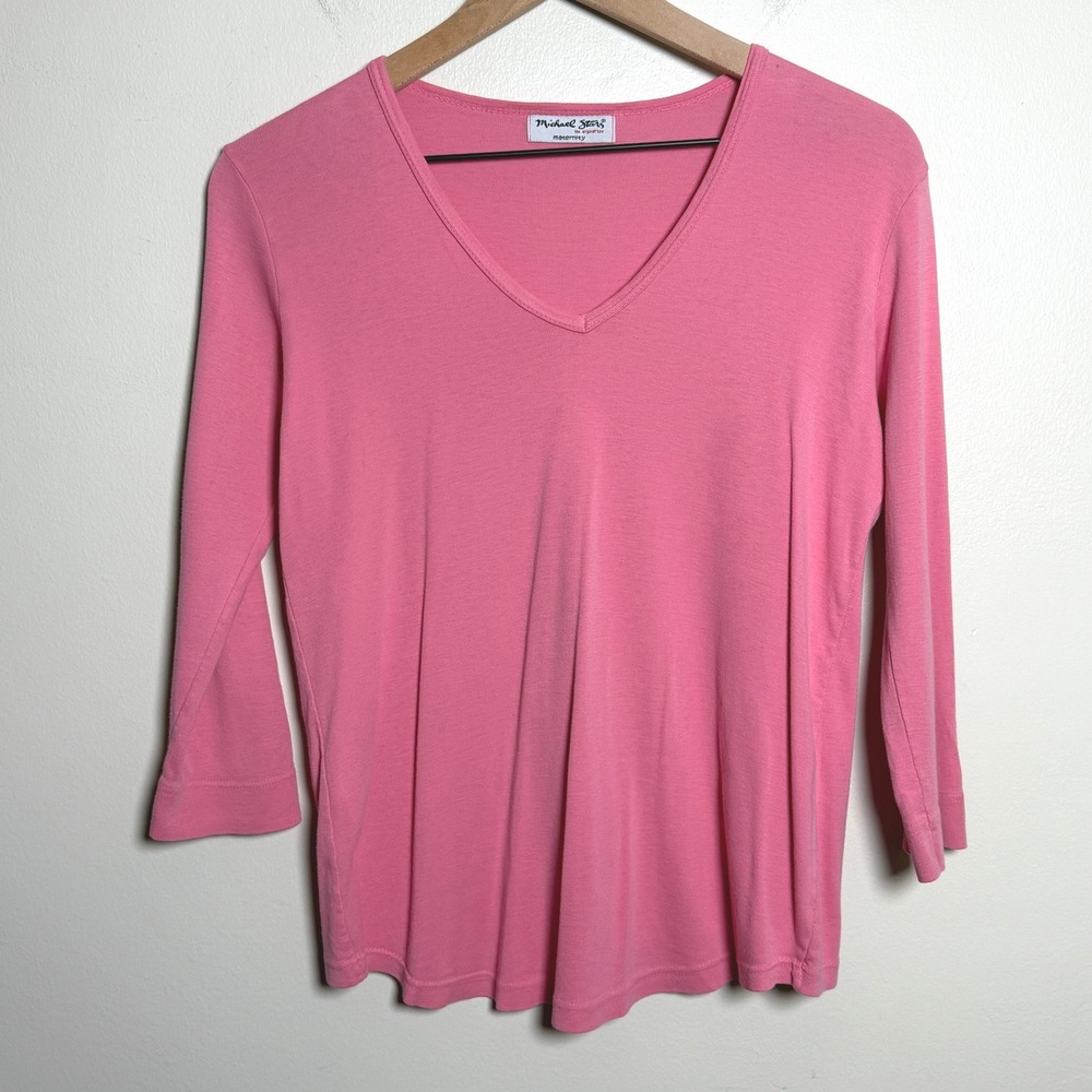 Michael Stars Women 100% Cotton Maternity Top L Pink V-Neck 3/4 Sleeve